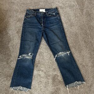 MOTHER Dark Blue Distressed Straight-Leg Jeans